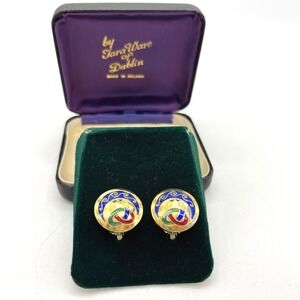 Vintage Tara Ware Dublin Ireland Gold Tone Celtic Knot Enameled Clip On Earrings